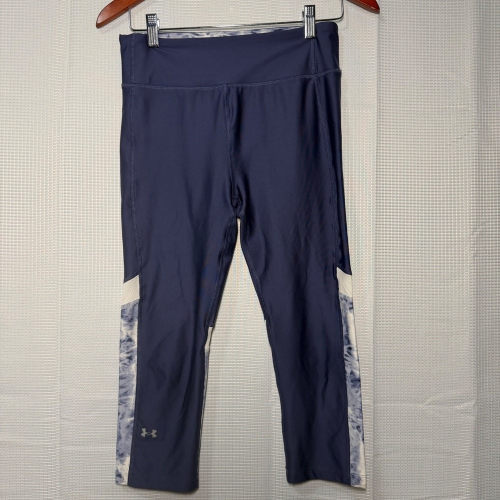 Under Armour HeatGear Compression Capri Leggings Navy Blue Tie Dye Mesh Women MD